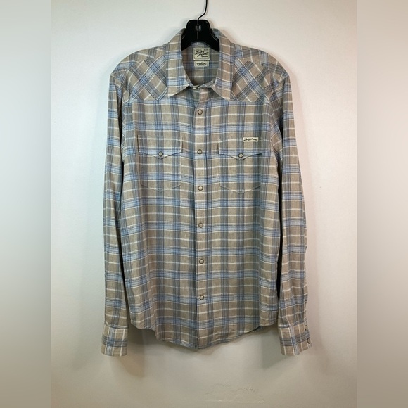 LUCKY BRAND Men’s Tan Blue Plaid Shirt Yoke Pearl Snap, sz Medium - Picture 2 of 7
